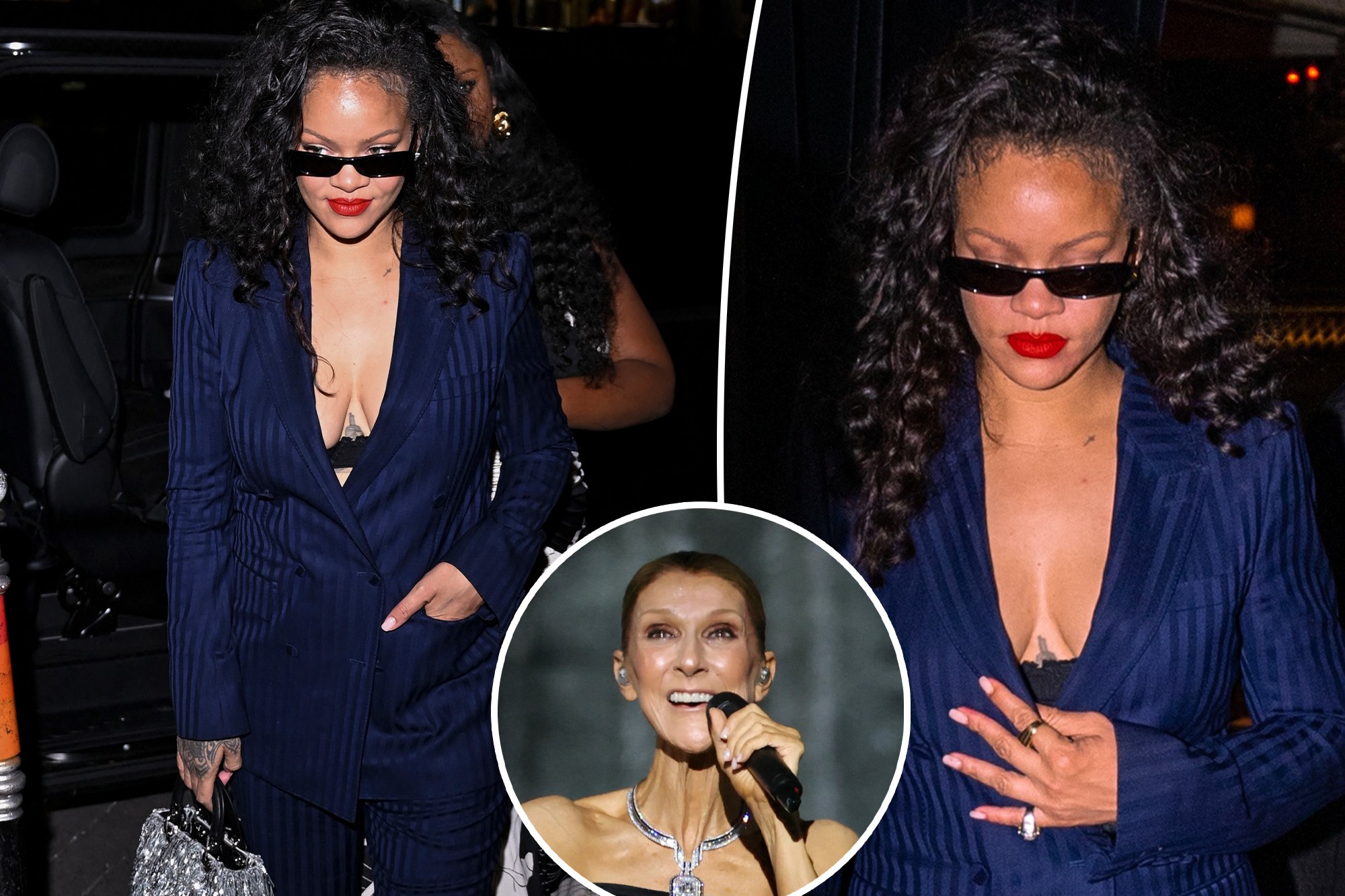 Rihanna suits up sans shirt for Céline Dion Paris show